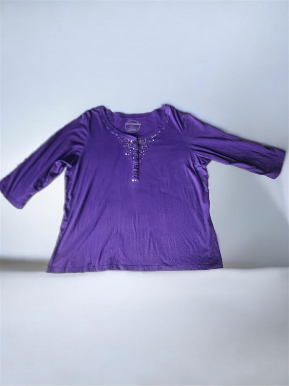 Avenue Purple Sparkle Henley Top 18/20 Beaded Sequin Embellished 3/4 Sleeve